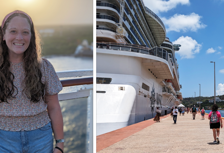 dual image of girl and cruise ship